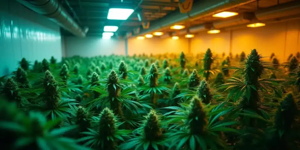 Indoor cannabis grow room using the SOG method with blue and red spectrum lights.