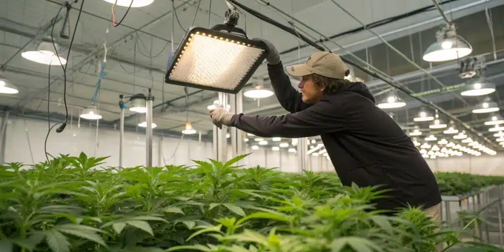 Realistic greenhouse scene showing a gardener managing light exposure over seedlings to promote healthy growth without burn.