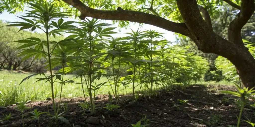 Realistic outdoor image of seedlings under partial shade from a tree, representing balanced light exposure for vigorous growth.