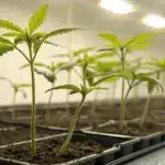 Realistic indoor scene of seedlings under diffused light, illustrating proper conditions without harsh direct sunlight.