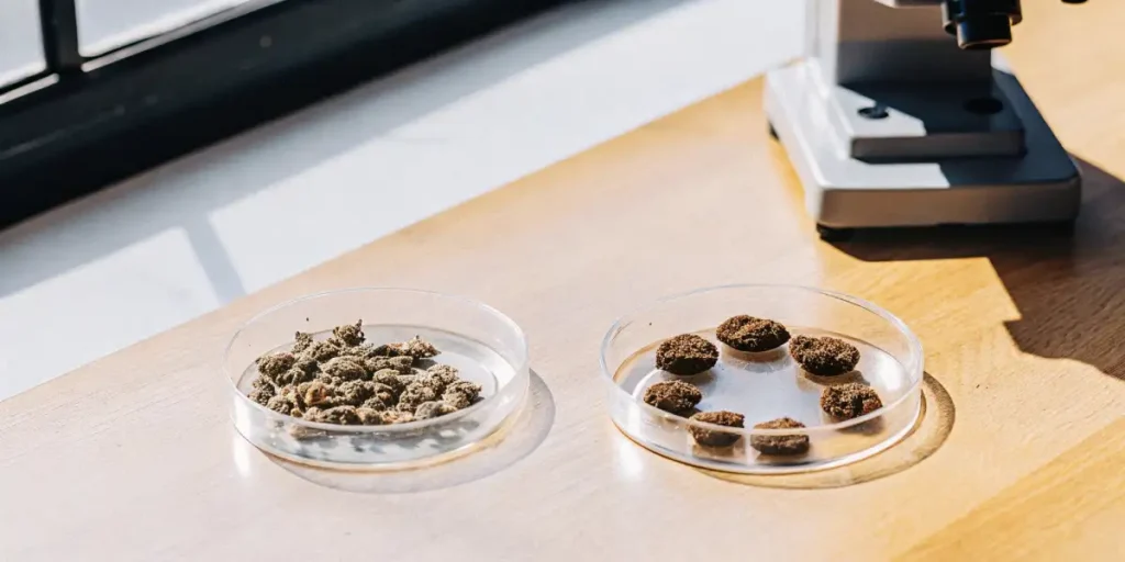 Side-by-side comparison of a healthy plant and a cannabis plant, showing their differences.