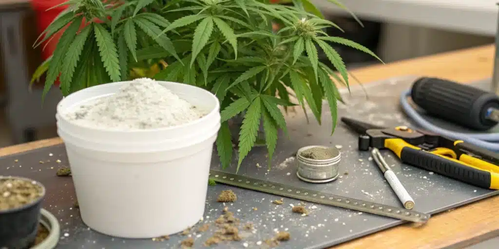 Realistic scene displaying silica for weed products and tools used in cultivation, highlighting their importance for healthy growth.