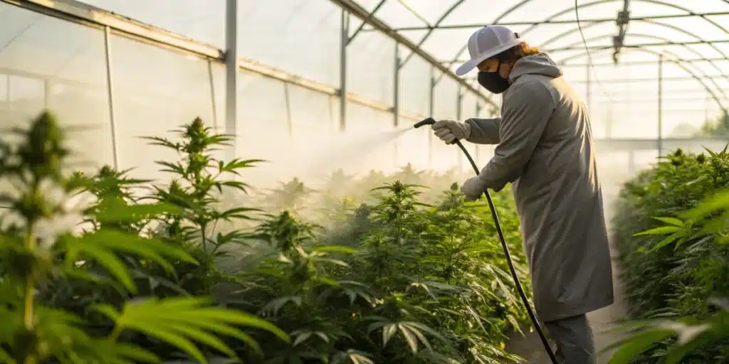 Realistic image of a grower using silica for weed, applying a foliar spray to enhance plant resilience and growth.