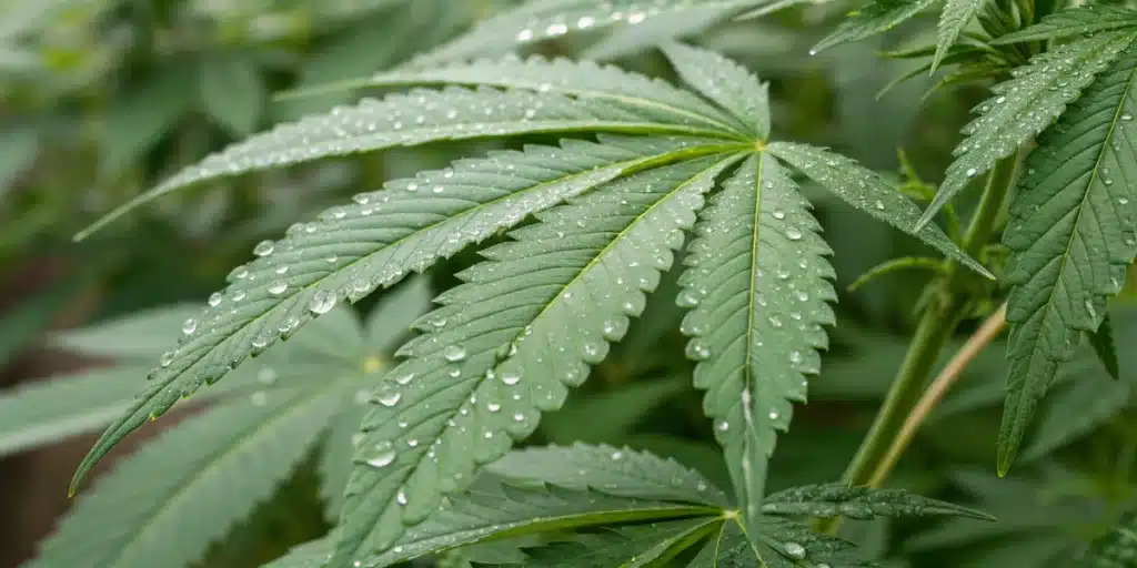 Realistic close-up of cannabis leaves treated with silica for weed, illustrating improved structure and robust plant development.