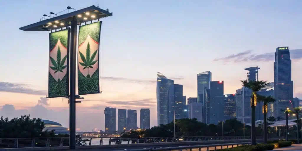 Realistic outdoor image of Singapore's skyline with visible signage related to Singapore cannabis law and legal regulations.