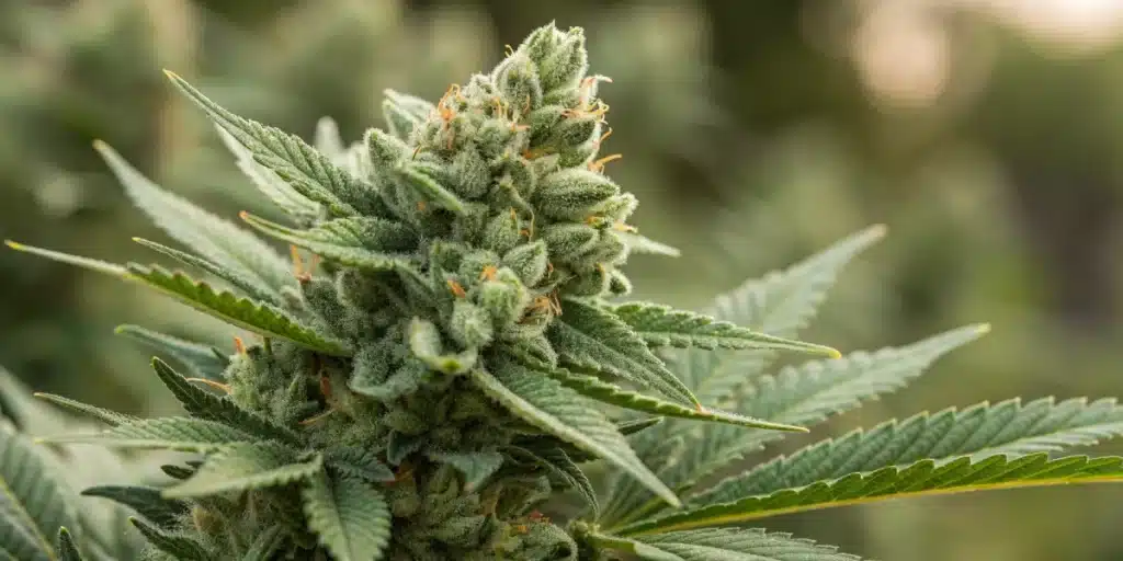 Close-up of Skunk 1 Auto bud covered in trichomes with dense structure and orange pistils in a mature outdoor grow