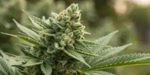 Close-up of Skunk 1 Auto bud covered in trichomes with dense structure and orange pistils in a mature outdoor grow