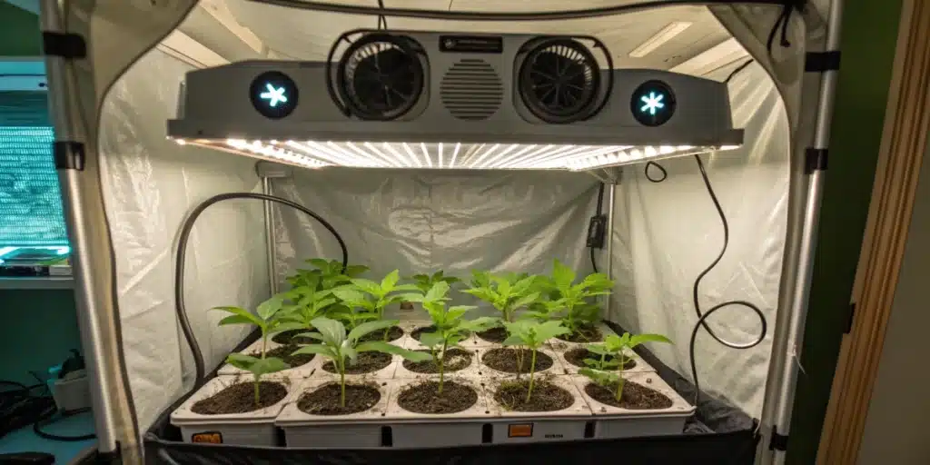 Skunk 1 Auto seedlings in early vegetative stage under powerful LED grow lights inside a compact indoor grow tent