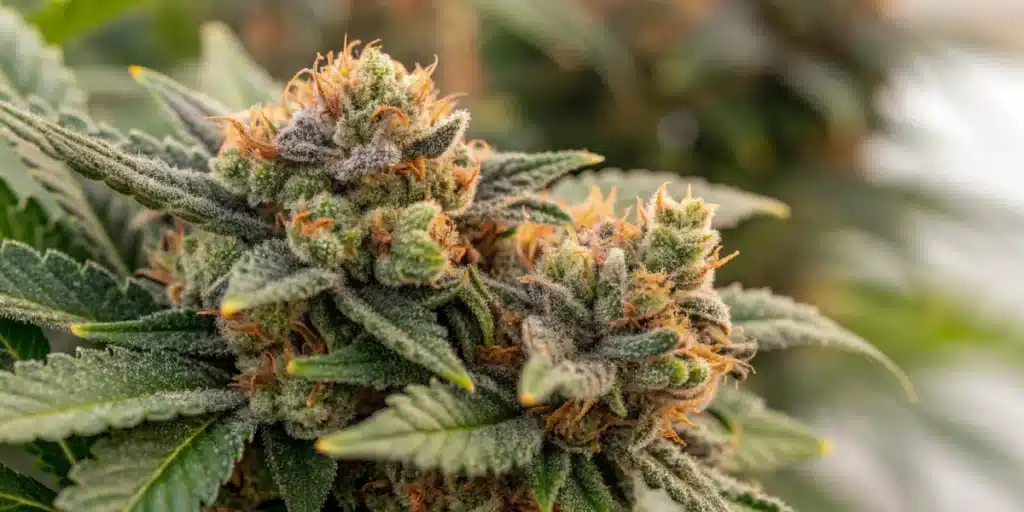 Macro shot of Skunk x Rosetta Stone FV frosty buds with thick trichomes and bright orange pistils in flowering stage