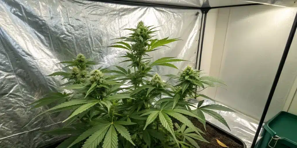 Skunk x Rosetta Stone FV plant growing in reflective indoor tent with bright LED lighting and well-developed bud structure