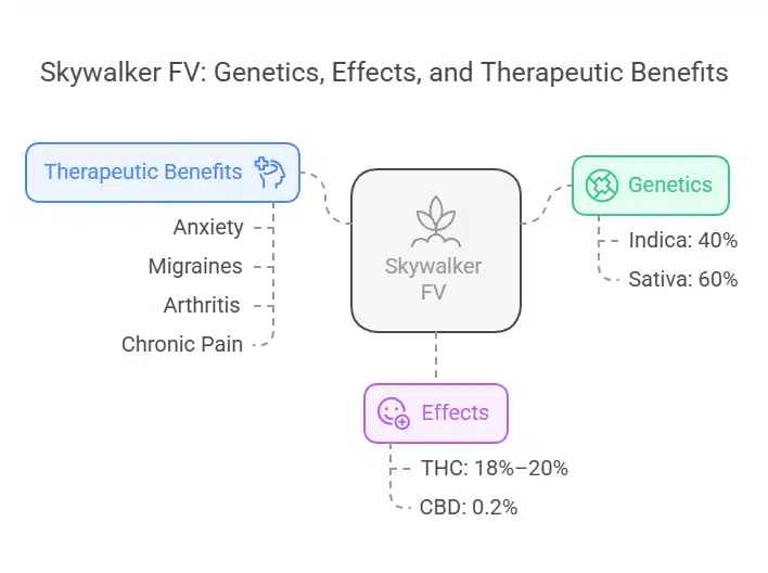 Skywalker FV strain chart showing genetics, THC-CBD content, effects, and therapeutic benefits like migraine and anxiety relief.