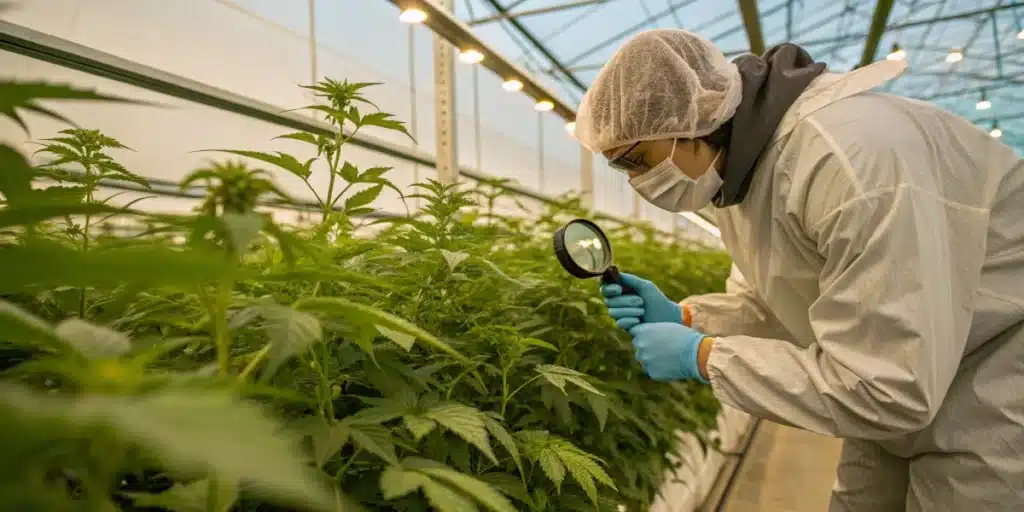 Cannabis researcher inspecting Skywalker FV plants in a greenhouse using magnifying glass under controlled lighting conditions.