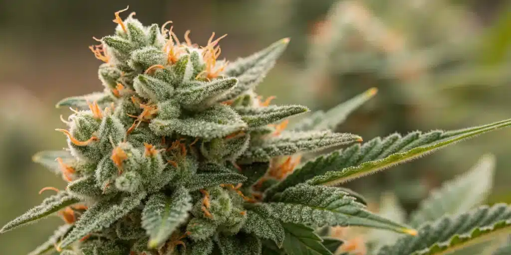 Mature Skywalker FV cannabis bud with frosty trichomes and bright orange hairs growing in outdoor cultivation.