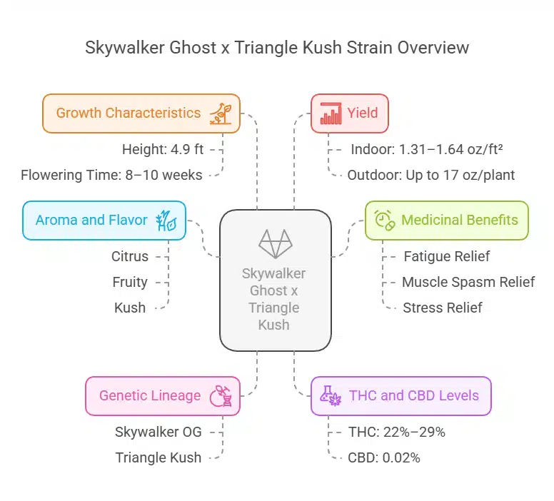 Skywalker Ghost x Triangle Kush chart detailing aroma, yield, THC-CBD levels, genetics, growth traits, and medicinal benefits.