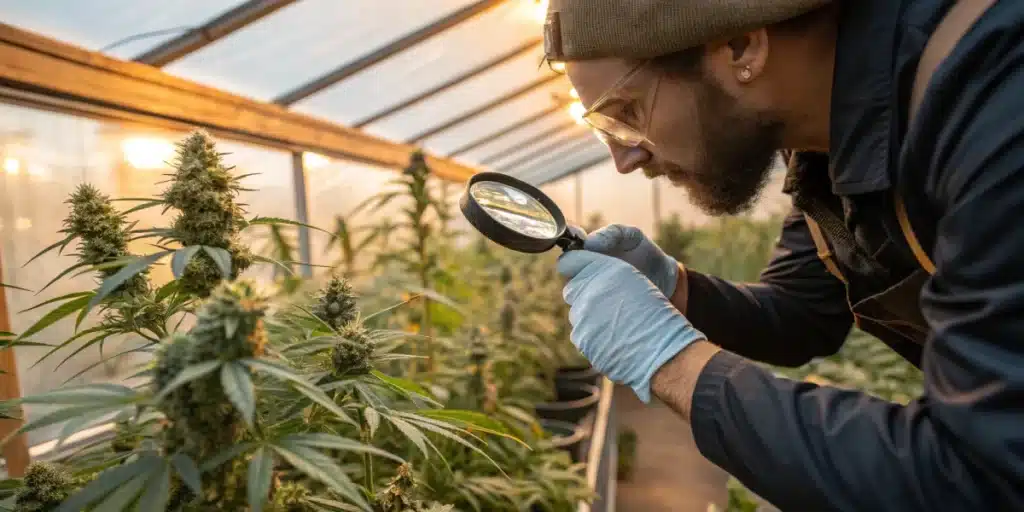 Grower inspecting Skywalker Ghost x Triangle Kush cannabis plants in a greenhouse using magnifying glass under golden lighting