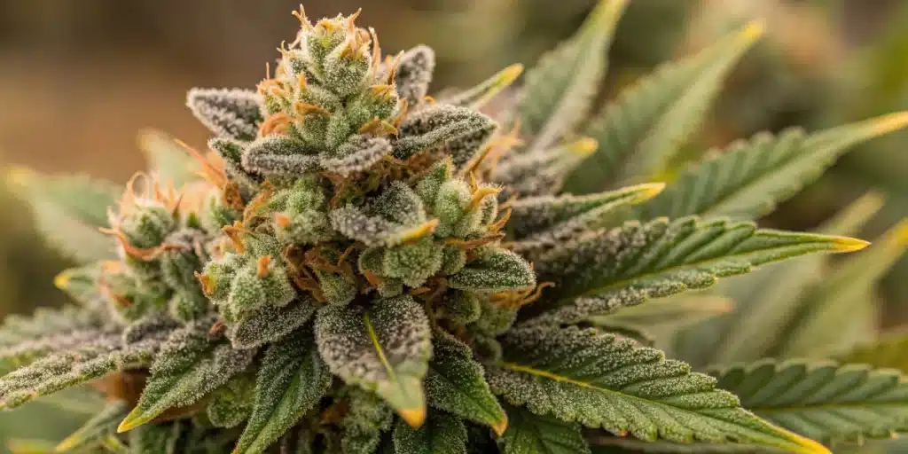 Close-up of Skywalker OG Auto cannabis bud with dense trichomes and orange pistils in full flowering stage.