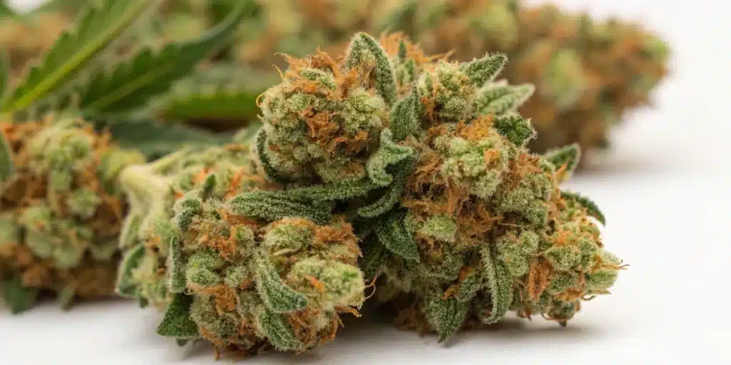 Harvested Skywalker OG Auto weed buds with visible trichomes and vibrant orange hairs on white background.
