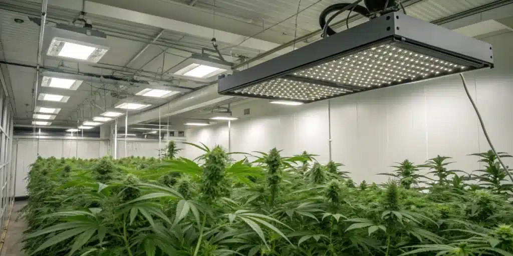 Realistic image of a cannabis grow room with an activated carbon filter system effectively disguising weed smell.