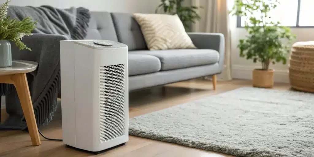 Realistic image of an air purifier in an indoor setting, demonstrating modern technology for disguising weed smell effectively.