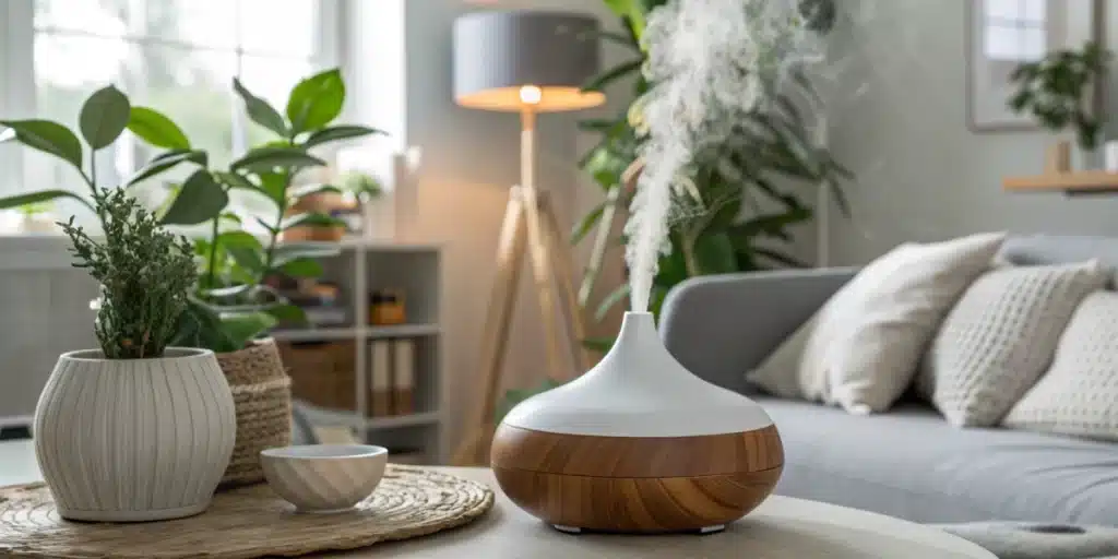 Realistic image showing an essential oil diffuser in a room with cannabis plants, representing natural techniques to disguise weed smell.