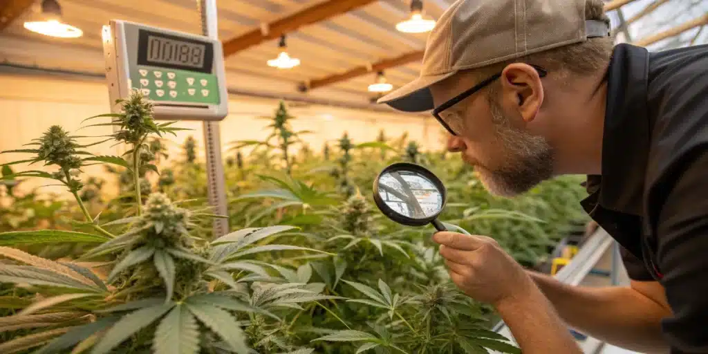 Grower inspecting Somango x Sweet Autoflower Strain buds under magnifying glass inside a well-lit indoor cannabis facility