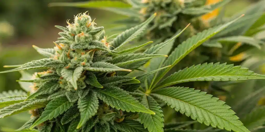 Close-up of frosty Somango x Sweet Autoflower Strain buds with bright orange pistils and vibrant green leaves in an outdoor grow