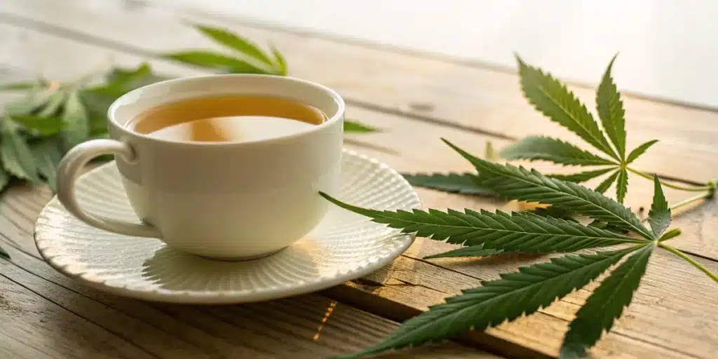 Realistic scene of herbal tea and cannabis leaves, symbolizing natural methods that suggest how weed can help with sore throat relief.