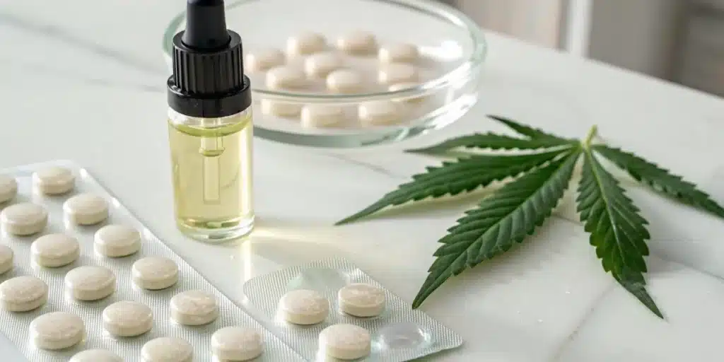 Realistic close-up of cannabis-infused lozenges and throat spray, representing a natural approach to demonstrating how weed can help with sore throat symptoms.