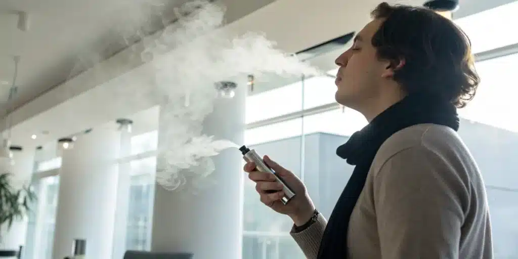 Realistic image of an individual using a vaporizer for natural relief, demonstrating how weed can help with sore throat symptoms.