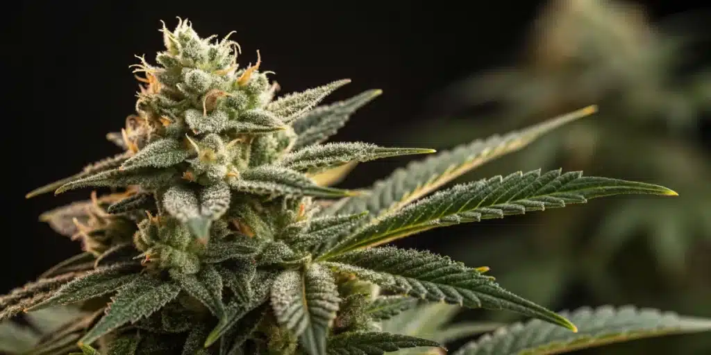 Close-up of a dense, frosty Sour Diesel Regular cannabis bud with prominent orange pistils and green leaves.