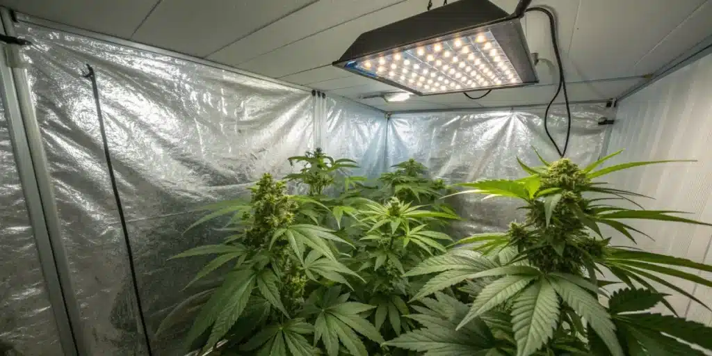 Indoor grow tent with Sour Diesel Regular cannabis plants under a bright LED grow light.