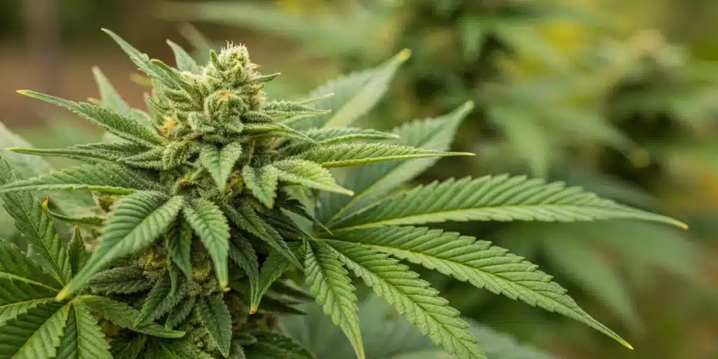 Frosty Sour Kush Weed Strain bud in outdoor setting with thick trichomes, orange hairs, and dark green leaves.