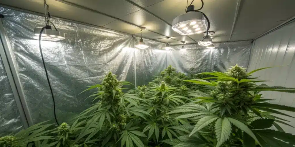 LED-lit grow tent with thriving Sour Kush Weed Strain plants, featuring tall structure and dense green buds.