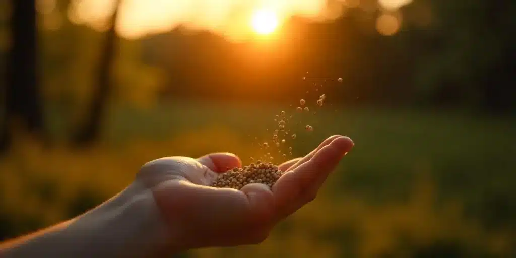 Hand spreading cannabis seeds into the field at sunset, possibly white color weed strain.