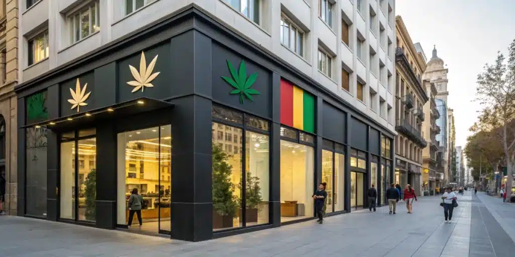 Realistic image of a Spanish cannabis social club storefront with visible regulatory signs, illustrating Spain cannabis laws in practice.
