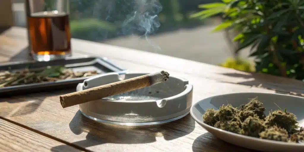 Smoldering cannabis spliff resting in a white ashtray next to a bowl of buds on a sunlit wooden table.