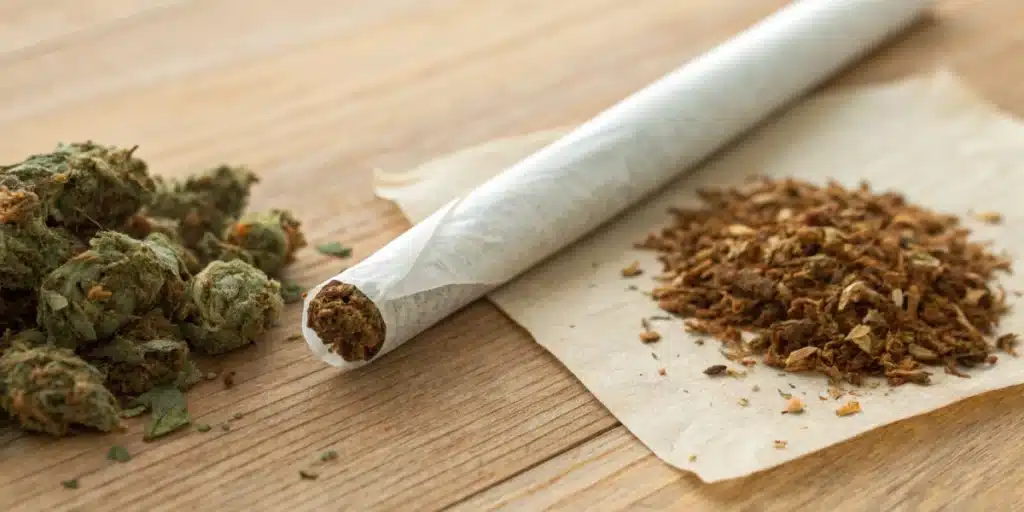 Cannabis joint next to loose tobacco and buds on a wooden surface.