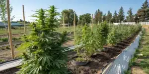 Outdoor cannabis field with mature Star Killer Regular Strain plants in rows, under clear blue sky and natural sunlight