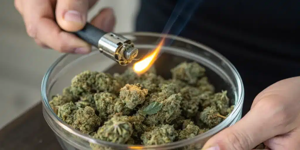 Realistic close-up showing a hand densely packing a cannabis bowl for steamrolling with focused flame lighting.