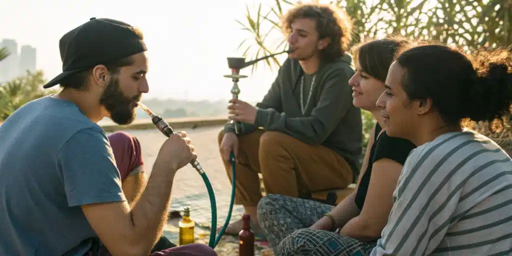 Realistic image of a social cannabis session featuring the steamrolling technique in a group setting with a specialized smoking device.