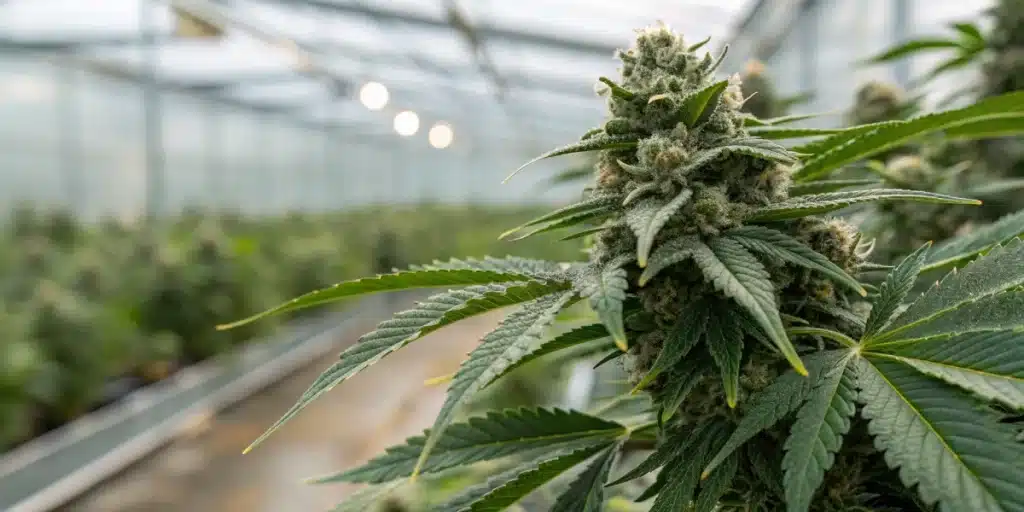 Close-up of cannabis trichomes with a subtle label stating "Is There THC in Stems" in a modern grow room.