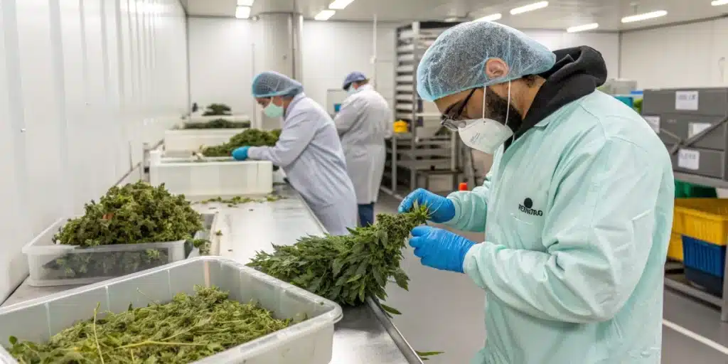 Cannabis extraction facility with active technicians and a digital screen showing "Is There THC in Stems."