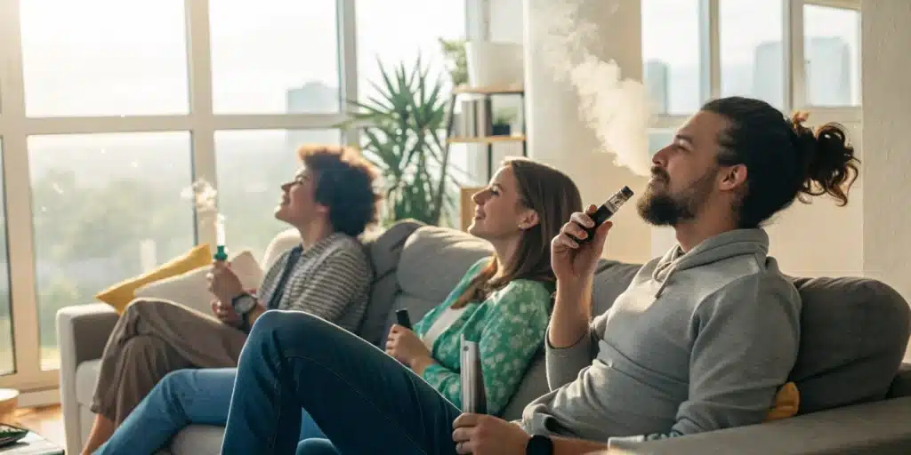Realistic image of friends having a relaxed vaping session with cartridges, demonstrating improved techniques to stop coughing when smoking carts.
