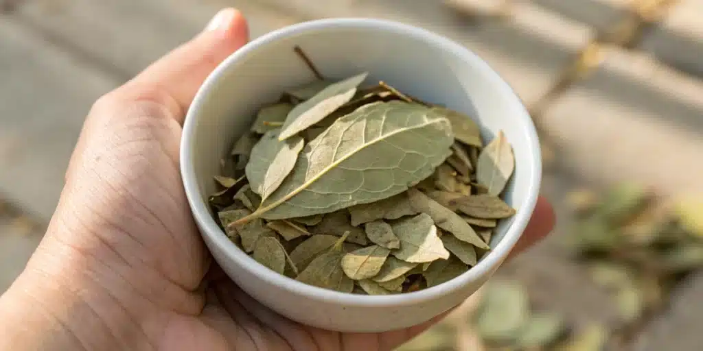 Realistic close-up of dried sugar leaves prepared for smoking, highlighting their texture and quality.