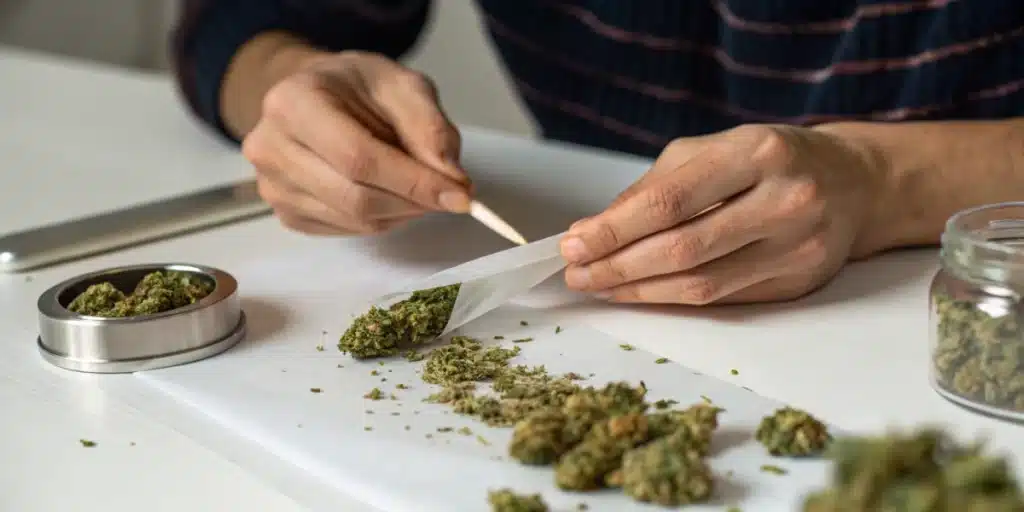 Realistic scene of rolling a joint with sugar leaves and cannabis flower, demonstrating safe preparation and usage.