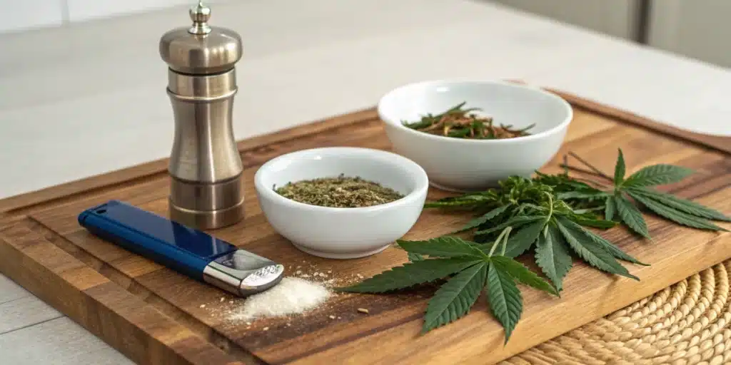 Realistic image of a curated smoking setup featuring sugar leaves, emphasizing preparation tips and a smooth smoking experience.