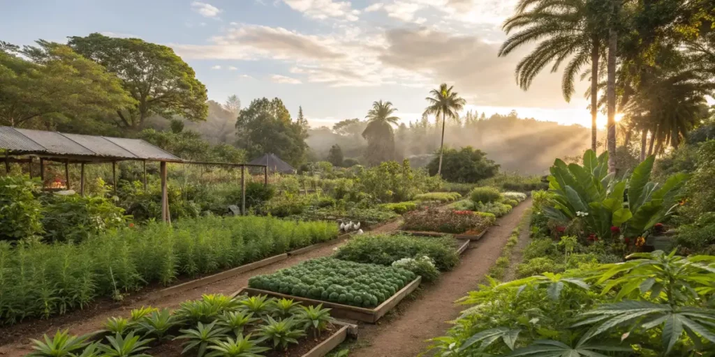 A lush garden with rows of vegetables and palm trees, illuminated by the warm glow of the sunset.