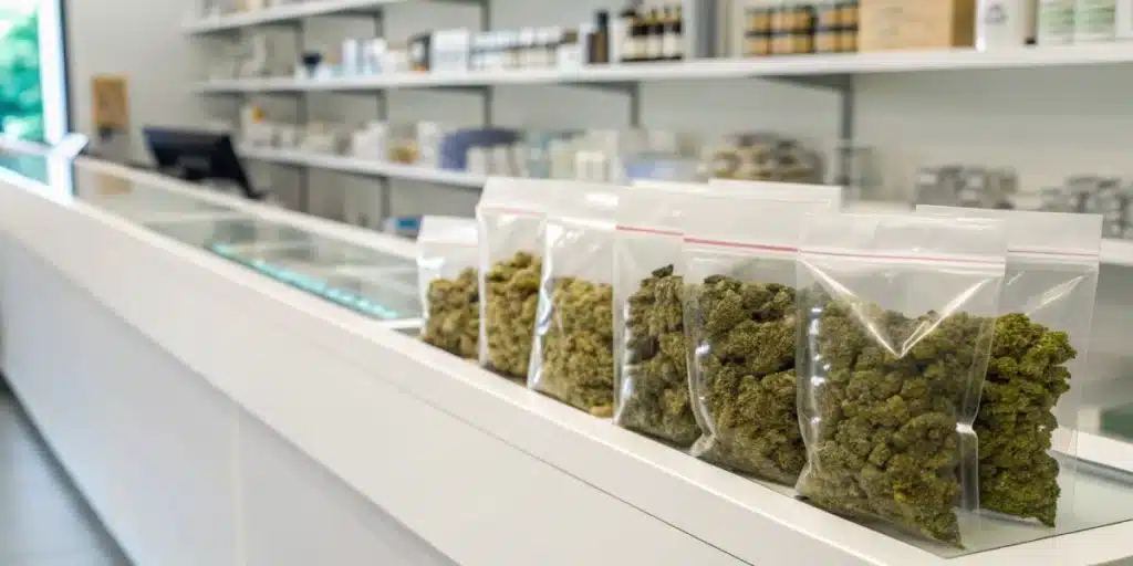 A modern pharmacy counter displaying sealed medical cannabis products in labeled packages, with “sweden weed” visible on the shelf labels.