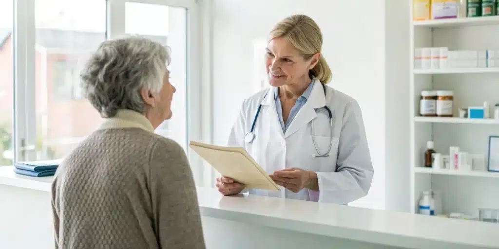 A patient discussing prescription details with a pharmacist in a bright consultation room, holding a pamphlet titled “sweden weed access.”