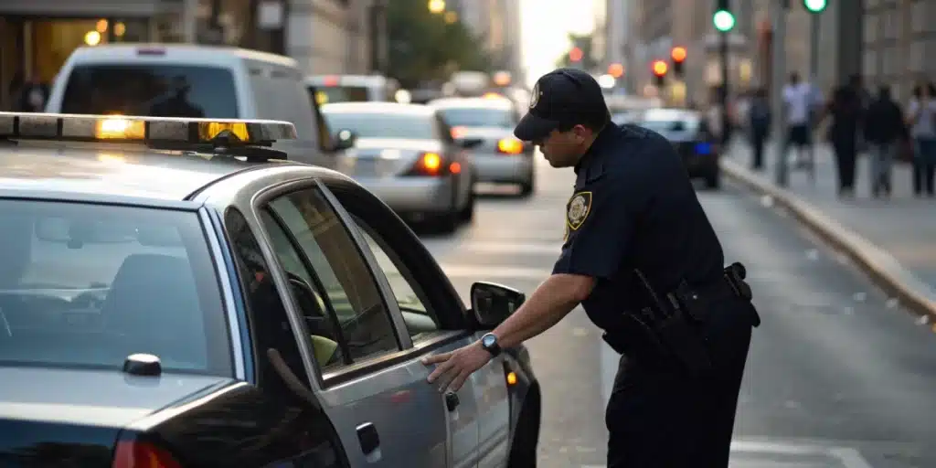 A police officer conducting a routine stop-and-search on a city street, with a discreet “sweden weed” sticker on the patrol car.